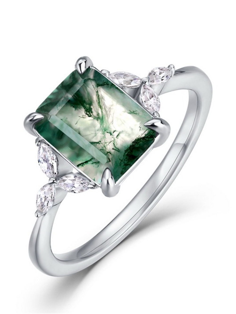 Silver Moss Agate Ring • Emerald Cut Engagement Ring Nature Inspired